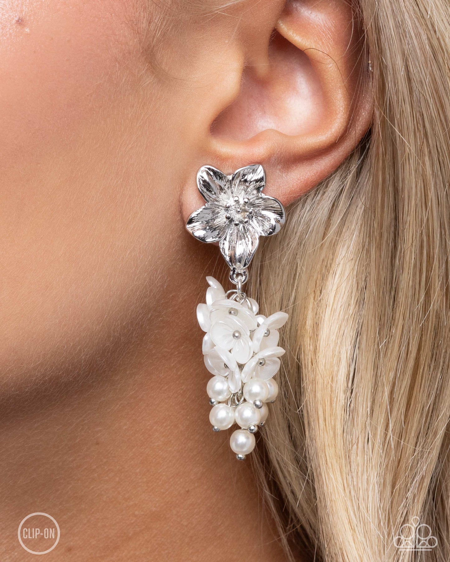 Bouquet Bling - White - Paparazzi Clip Ons Earrings