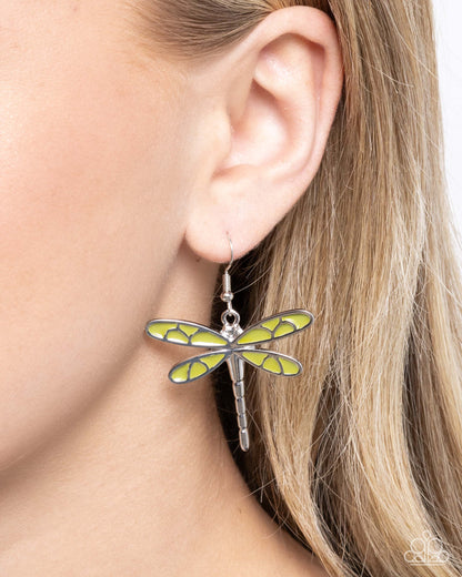 Dragonfly Descent - Green - Paparazzi Earrings
