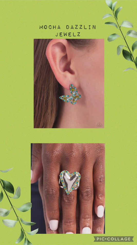 Tilted Takeoff - Green Earrings and Smitten Shimmer - Green Ring Set