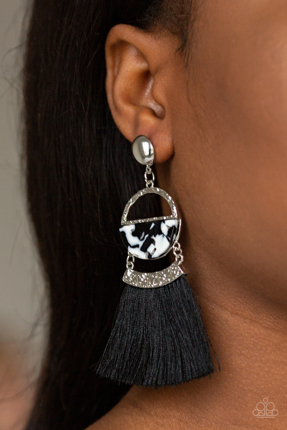 Tassel Trot - Black - Paparazzi Post Earrings