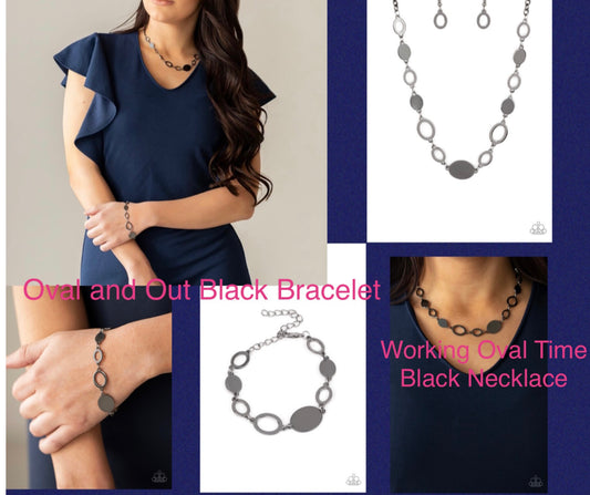 Working Oval-Time Black Necklace and Oval and Out Black Bracelet