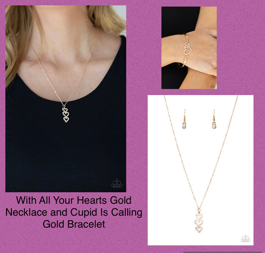 Mocha Vibe - With All Your Hearts Gold Necklace and Cupid is Calling Gold Bracelet